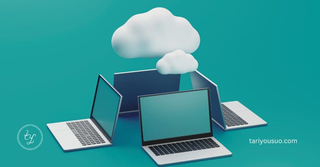 image of 4 personal computers with a cloud above them